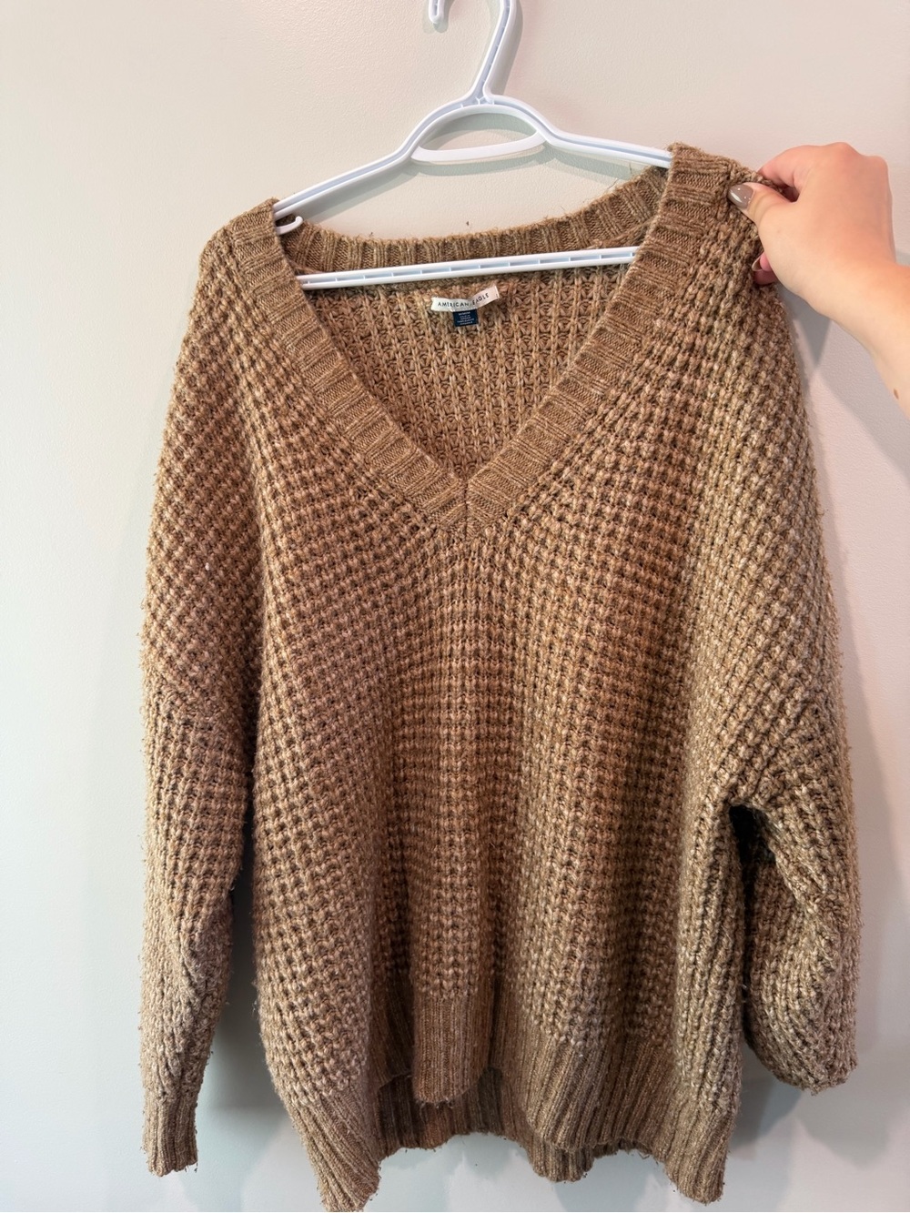 American Eagle Brown V-Neck Waffle Knit Sweater